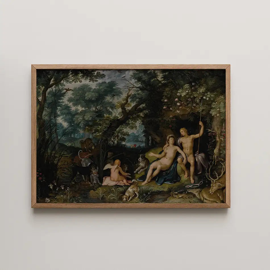 Framed painting depicting a classical landscape scene with nude figures, animals, and lush greenery.