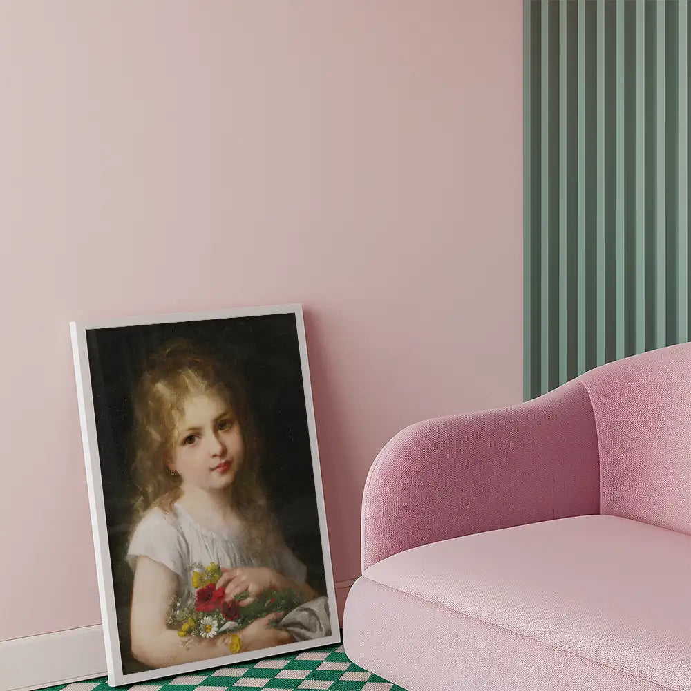 A vintage painting of a girl holding flowers, leaning against a wall in a modern living room setting with a pink couch.