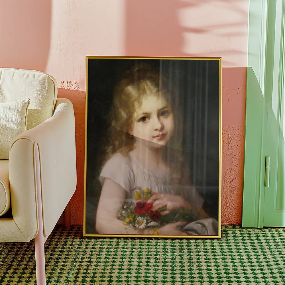 Framed painting of a young girl holding a bouquet of flowers, set against a pastel-colored room with a green door and a beige armchair.