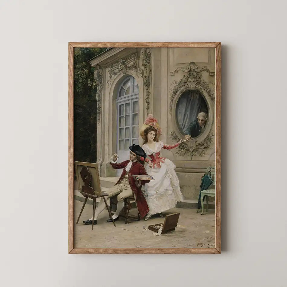 A vintage-style painting depicting an artist in a red coat painting a woman in a white dress with a pink hat, while a man looks through a window, framed in a wooden frame.