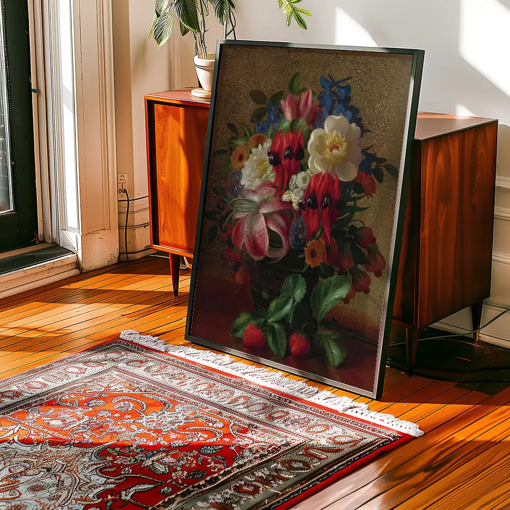 Framed painting of a colorful flower arrangement displayed in a well-lit room with hardwood flooring and a patterned rug.