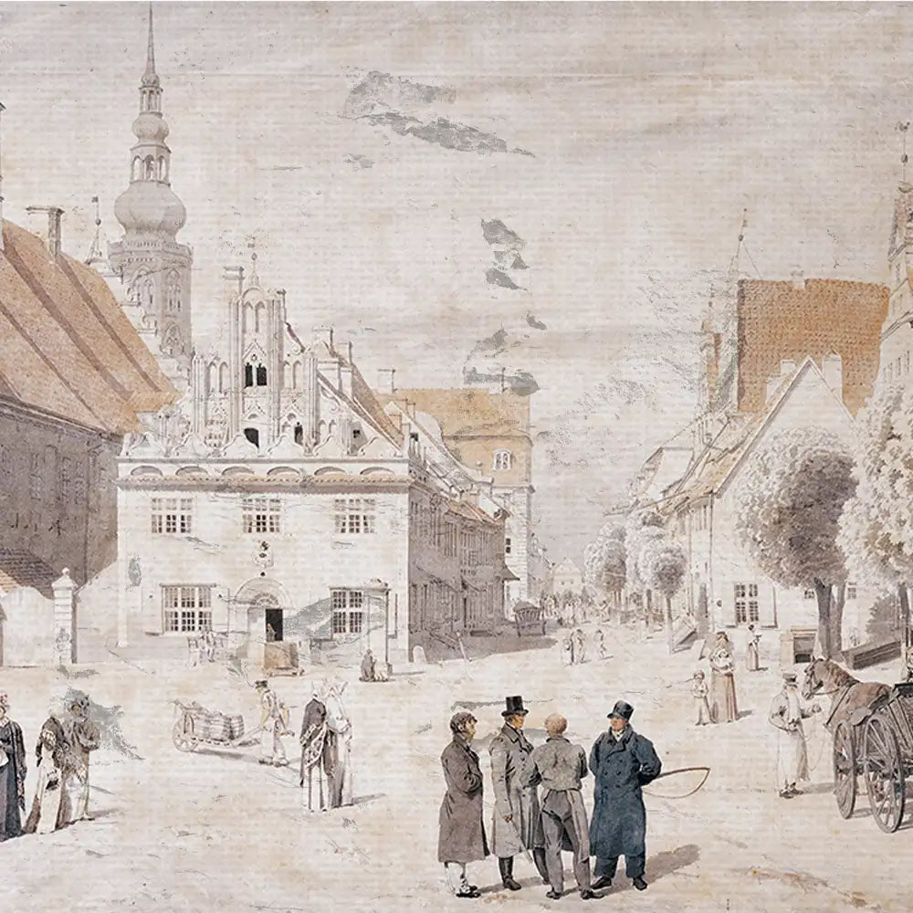 Historic street scene painting featuring people in 19th-century attire, buildings with intricate architecture, and trees lining a cobblestone road.
