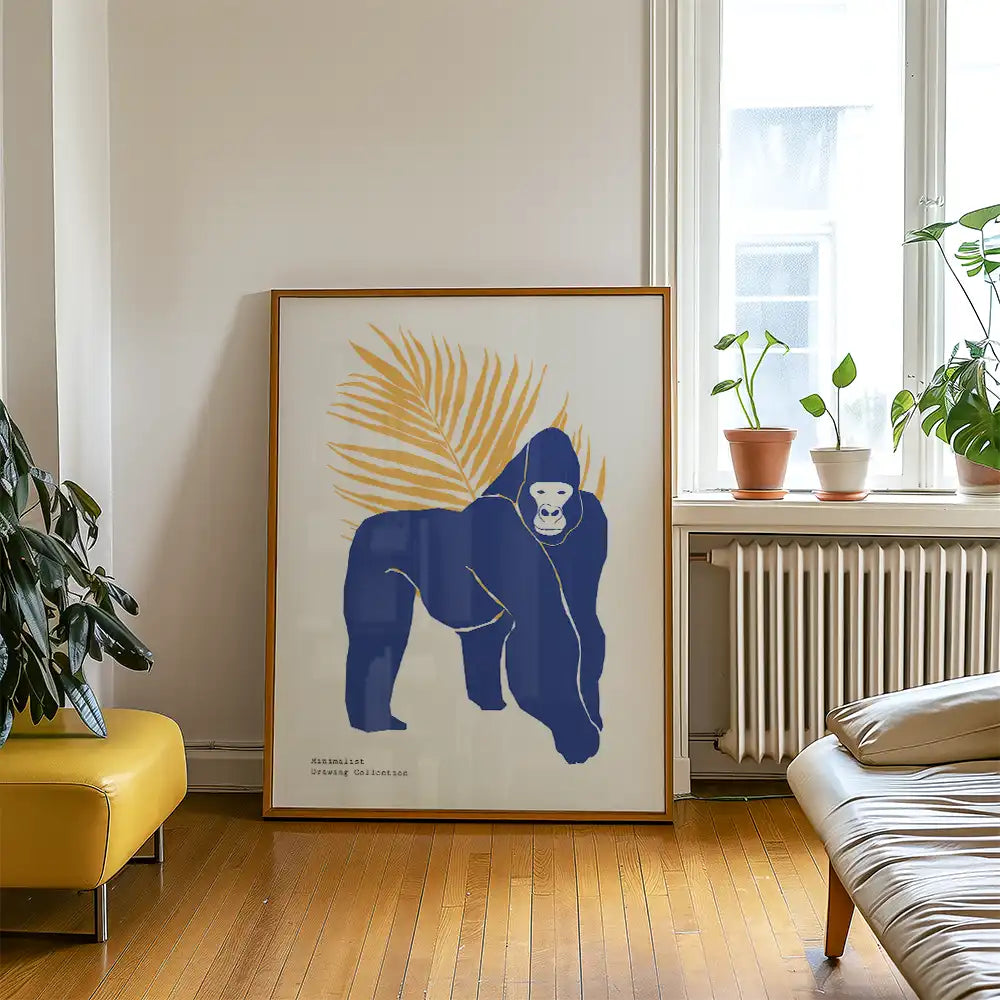 Modern art print of a blue gorilla with a palm leaf background in a stylish living room setting.