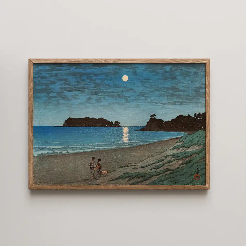 Painting of two figures and a dog standing on a beach at dusk, with a moonlit ocean and distant land in the background, framed in wood.