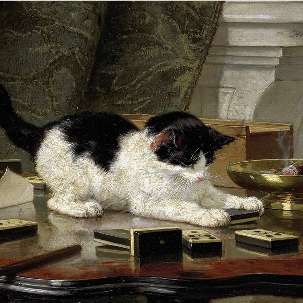 Painting of a black and white cat playing with dominoes on a wooden table.