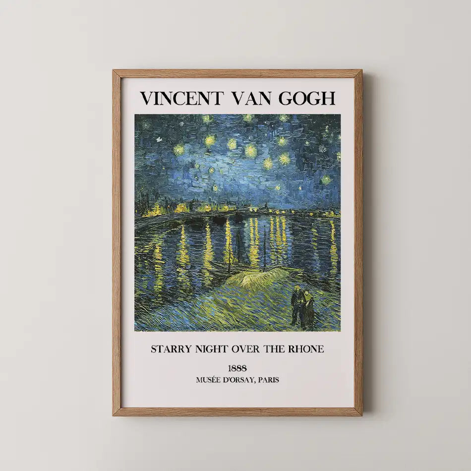 Framed poster of Vincent van Gogh's painting "Starry Night Over the Rhône" featuring a night sky filled with stars reflecting on water, with text indicating the artwork's title, year, and museum location.