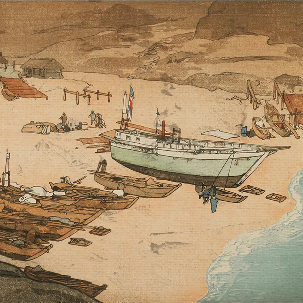 Illustration of a beach scene with a green boat, fishermen, and wooden boats on the shore, featuring a rocky landscape in the background.