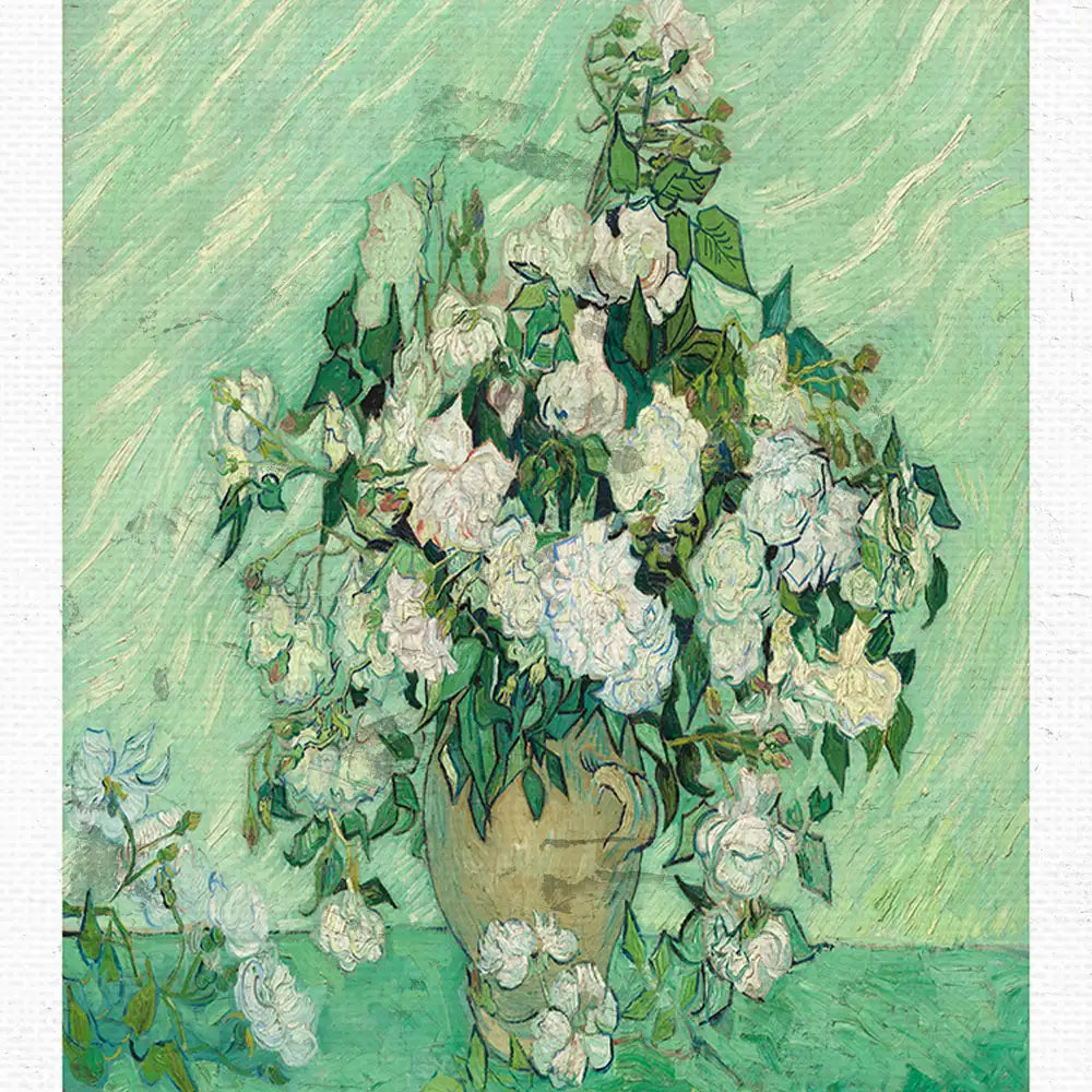 A vibrant painting of a bouquet of white flowers in a brown vase against a soft green background.