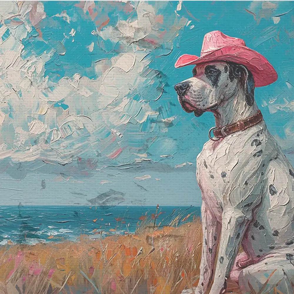 Painting of a Great Dane wearing a pink cowboy hat, sitting in a grassy field with an ocean view and blue sky.