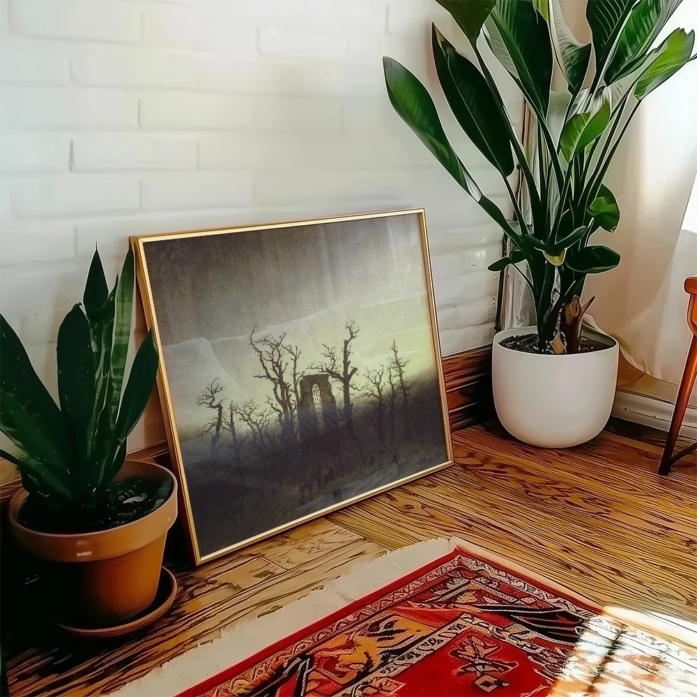 Framed painting of a haunting landscape with bare trees, leaning against a wall next to potted plants and a colorful rug.