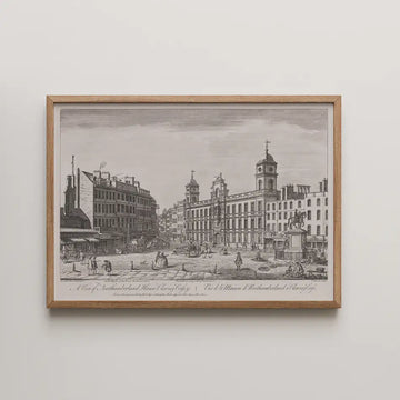 Framed vintage illustration of Northumberland House and surrounding street scene in London, featuring buildings, people, and horse-drawn carriages.