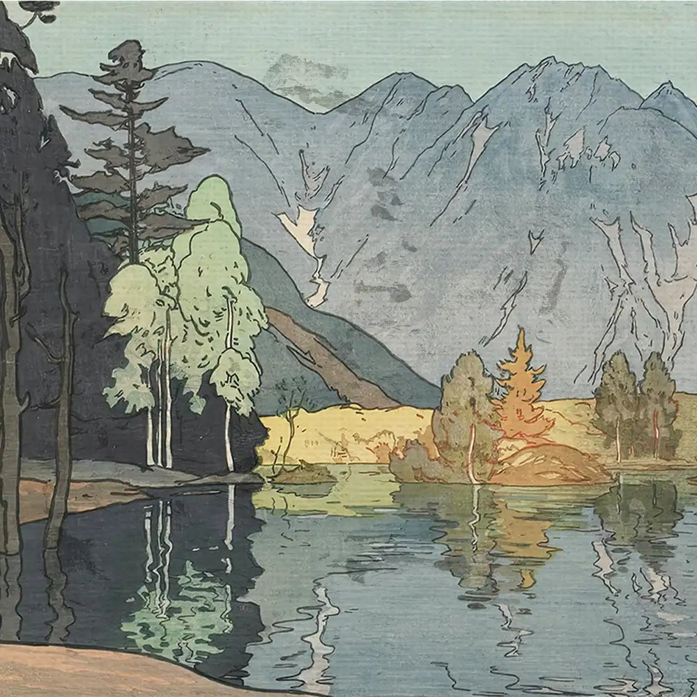 A serene landscape painting featuring mountains, tall trees, and a reflective lake in soft pastel colors.