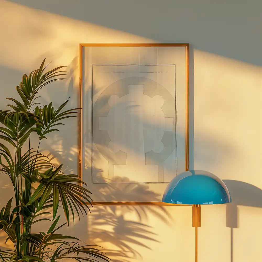 Framed abstract painting with geometric design, golden frame, beside a green plant and a blue lamp, casting shadows on a wall.