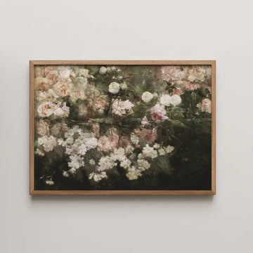 Framed painting of soft, abstract floral composition featuring pink and white flowers set against a dark background.