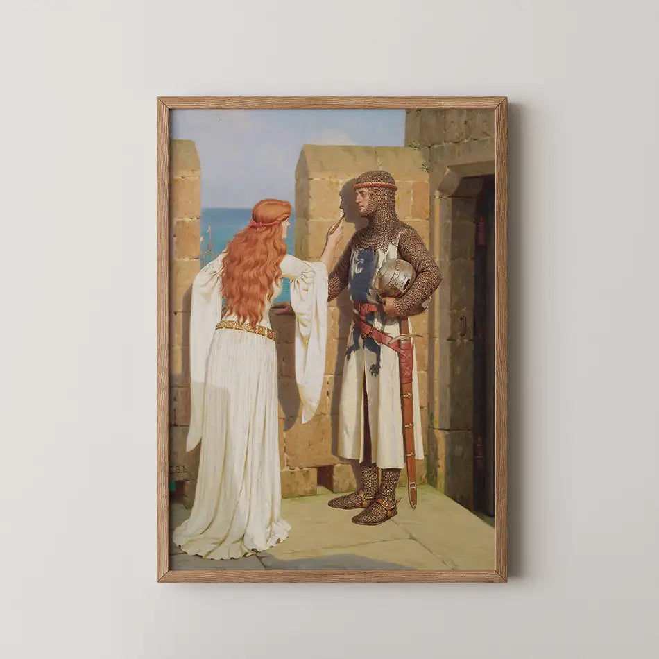 Painting of a woman in a flowing white dress with red hair interacting with a knight in armor, set against a stone wall and ocean background.