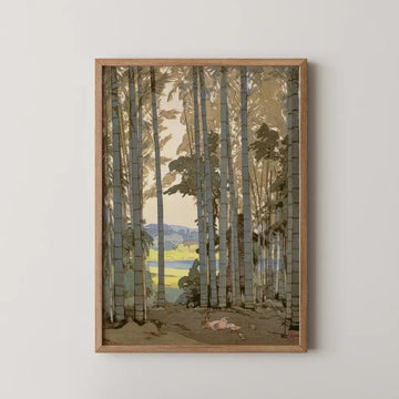 Framed painting of a serene forest scene depicting tall trees, soft light filtering through the leaves, and a grassy landscape in the background.