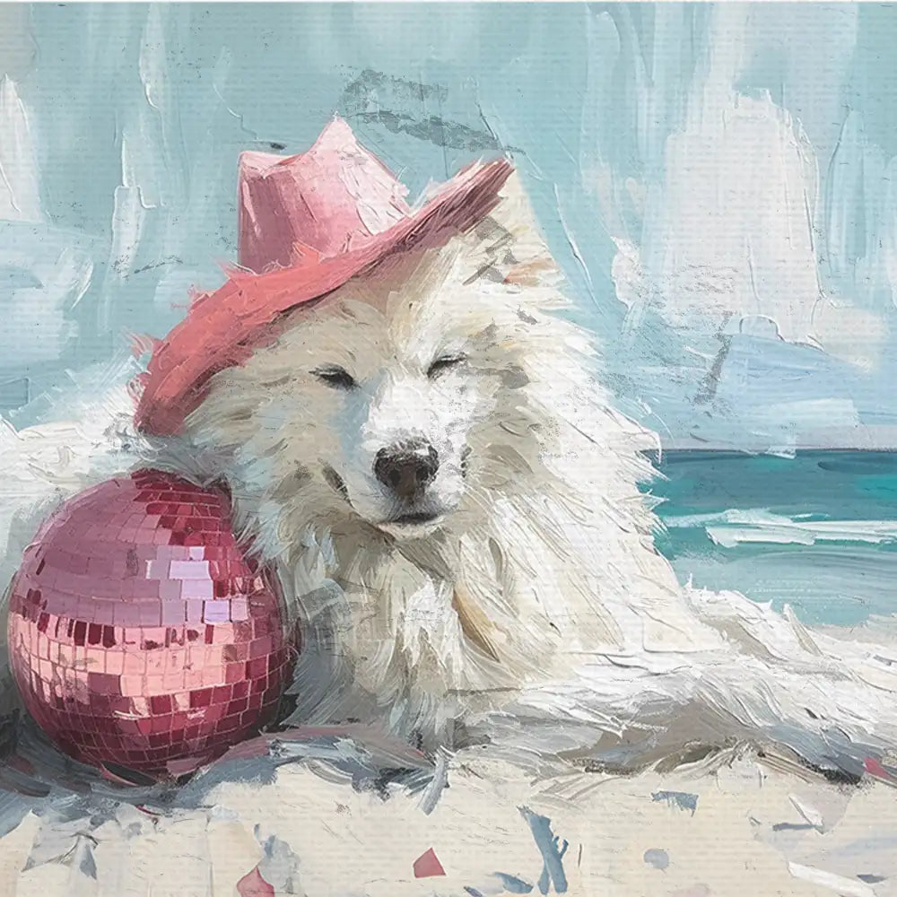 Adorable white dog wearing a pink hat relaxing on the beach next to a shiny pink disco ball, modern art print.
