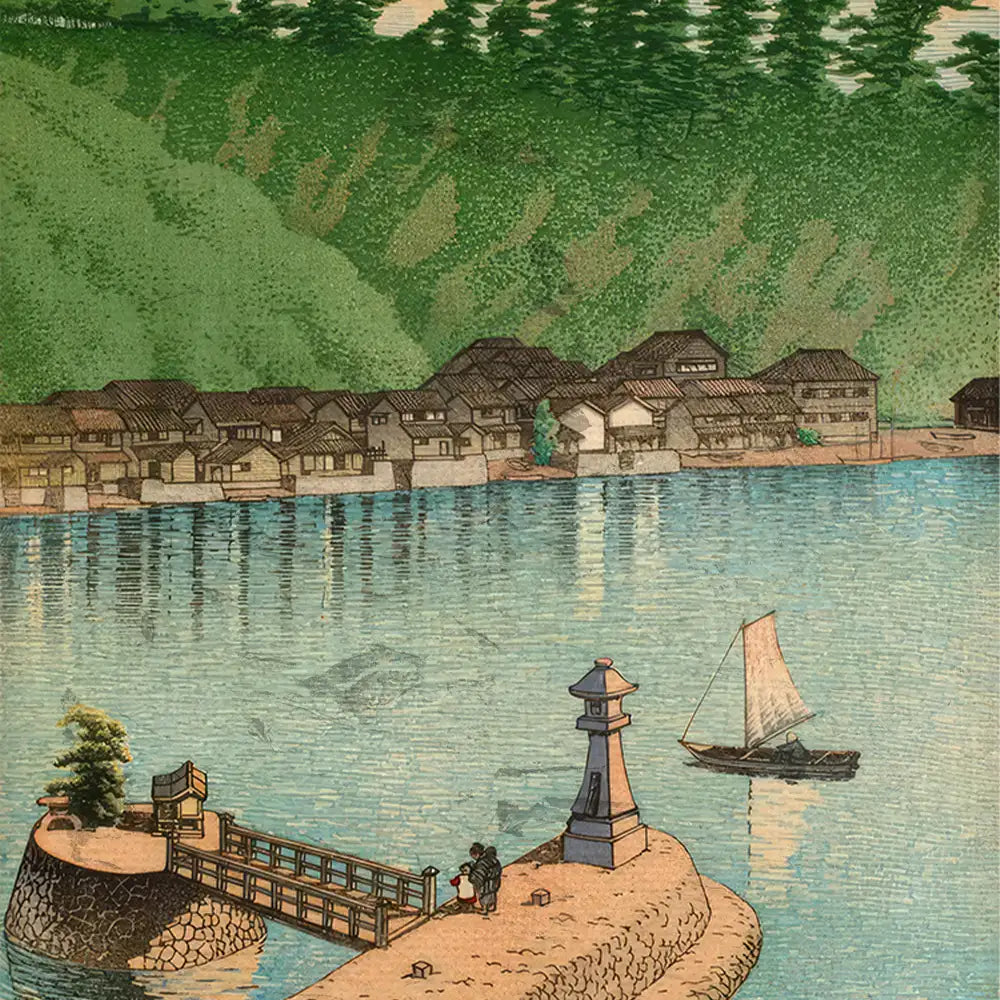 A serene landscape painting depicting a riverside village with traditional houses, a small bridge, and a sailboat on the water, surrounded by lush green hills.