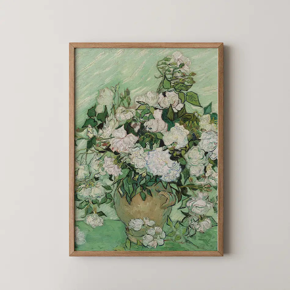 Painting of a vase filled with white flowers against a light green background, framed in wood.