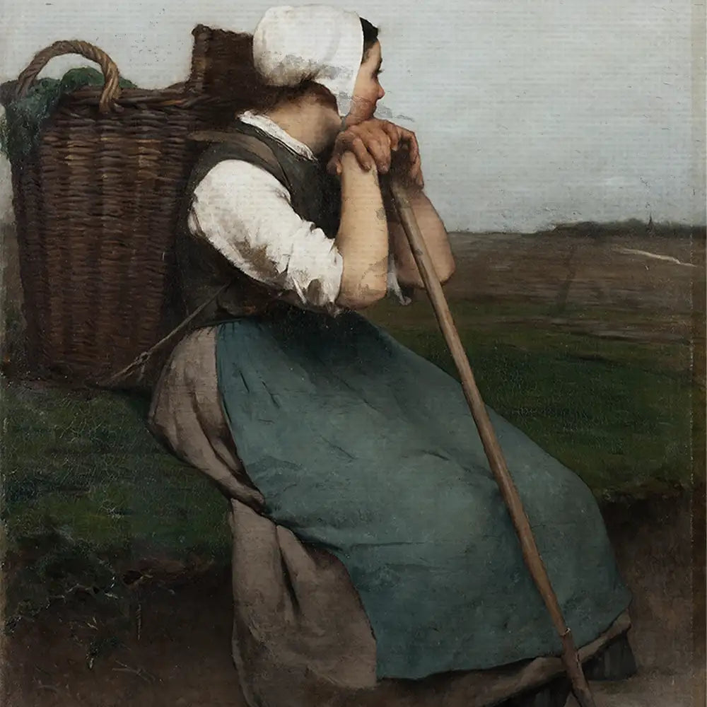 A woman sitting on the ground with a wicker basket on her back, wearing a traditional dress and a white headscarf, gazing into the distance in a rural landscape.