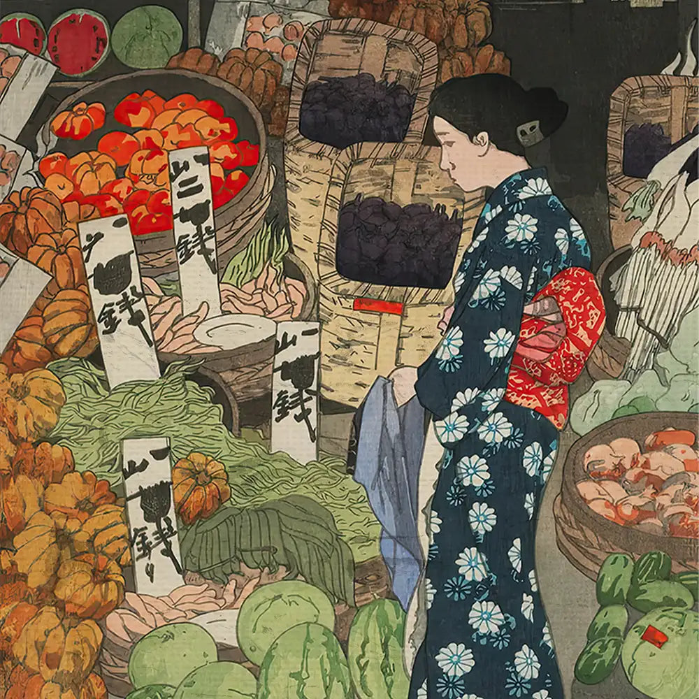 Japanese woman in traditional kimono shopping at a vibrant market filled with fruits and vegetables, illustrated in intricate detail.