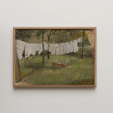 Painting of white laundry hanging on a line in a green garden with trees and a small boat.