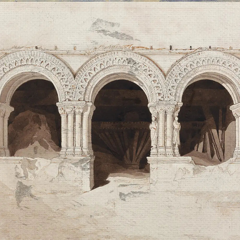 Architectural painting featuring three intricately carved arches with detailed columns and sculptures, set against a textured backdrop.