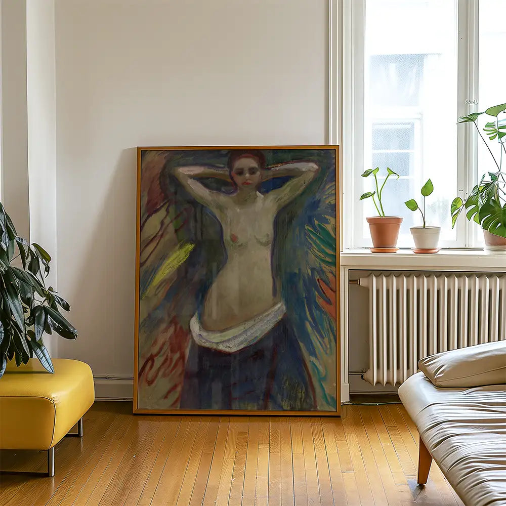 Artistic painting of a nude woman with colorful abstract background, framed and displayed in a modern living space.