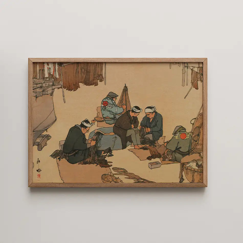Painting of six men engaged in traditional crafts, framed in wood, depicting a warm, collaborative scene.