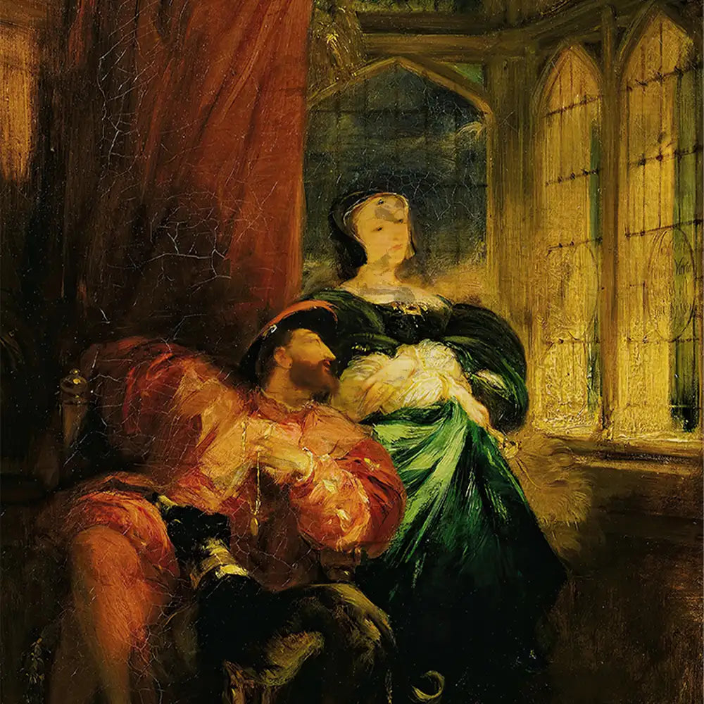 Romantic painting of a man in a crimson shirt and a woman in a green dress, set in a historically styled room with arched windows and warm lighting.