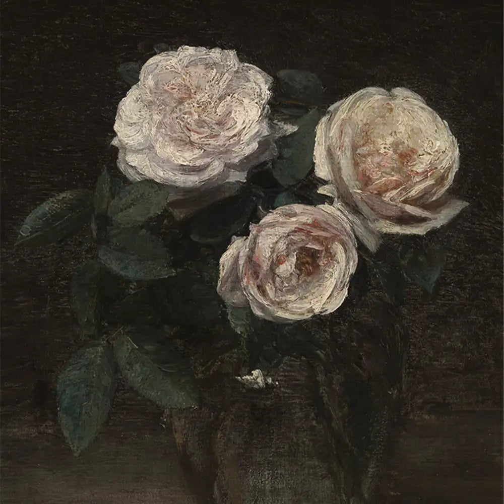Painting of three delicate pink roses with dark green leaves against a dark background.