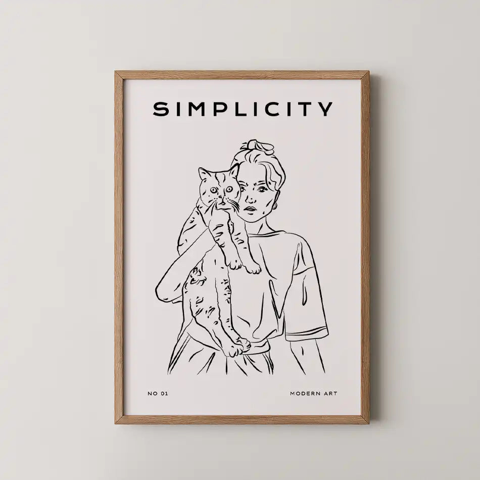 Minimalist black and white line art print of a woman holding a cat, titled "Simplicity," perfect for modern home decor.