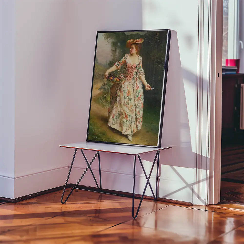 Painting of a woman in a floral dress holding a basket, displayed on a modern table with a stylish interior background.