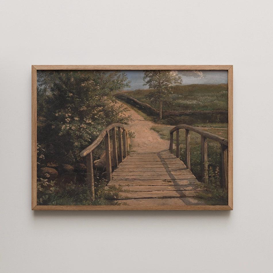 Painting of a wooden bridge over a path surrounded by greenery and trees.