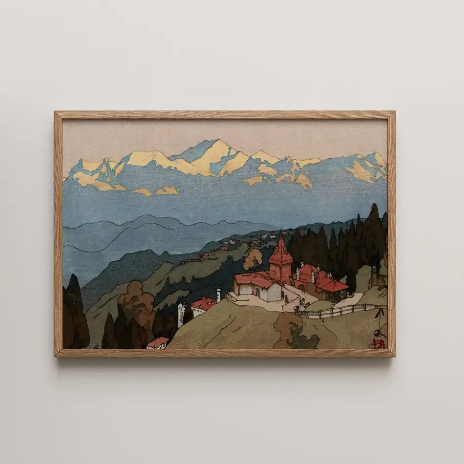 Framed painting of a mountainous landscape with a village, featuring muted colors and stylized artistic elements.