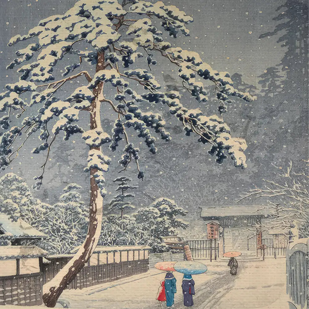 Snowy landscape painting featuring two figures with colorful umbrellas walking underneath a snow-covered pine tree, with traditional buildings and a serene winter atmosphere.