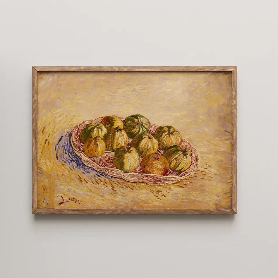 Painting of a basket filled with various squash and pumpkins on a textured yellow background, framed in natural wood.
