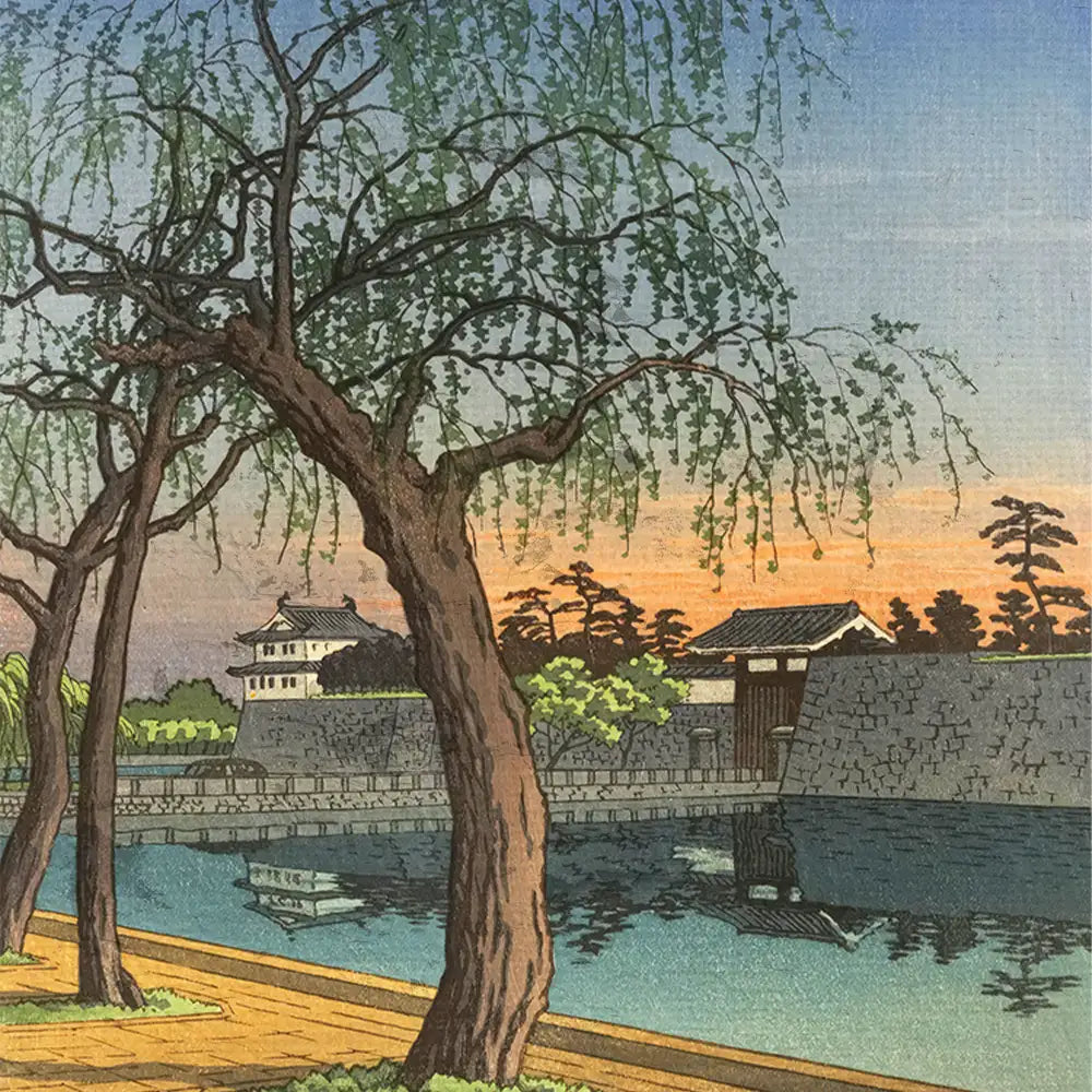 A serene landscape painting featuring a willow tree by a tranquil waterway with a historic building and a stone wall, capturing the beauty of nature at sunset.