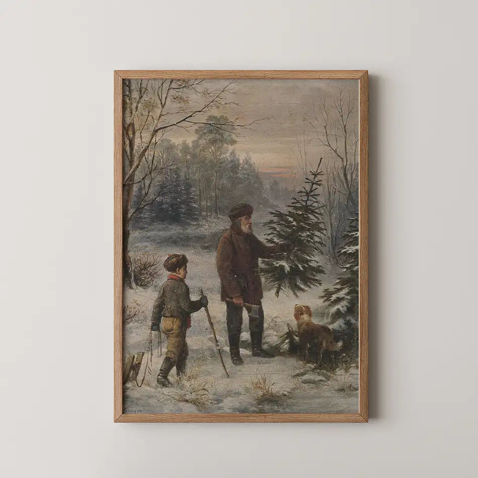 A vintage painting depicting a man and a boy in a snowy landscape, examining a tree, with a dog by their side.