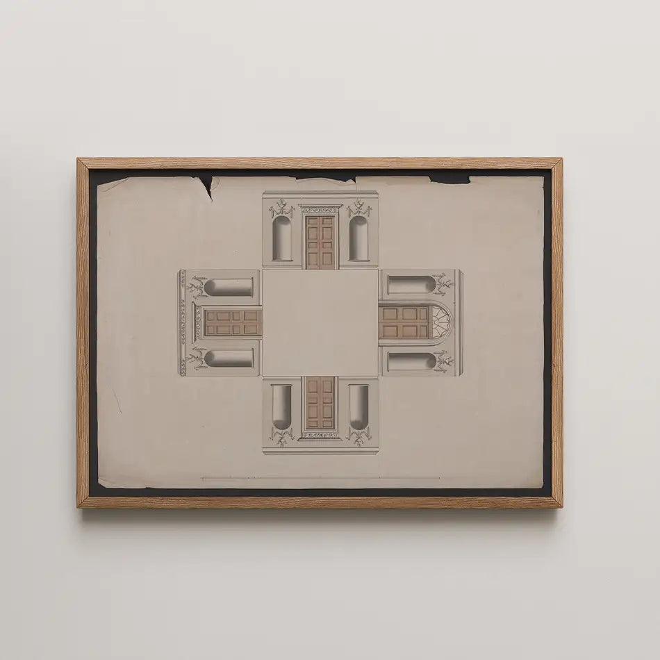 Framed artwork featuring architectural designs with doors and columns in a light color palette.