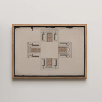 Framed artwork featuring architectural designs with doors and columns in a light color palette.