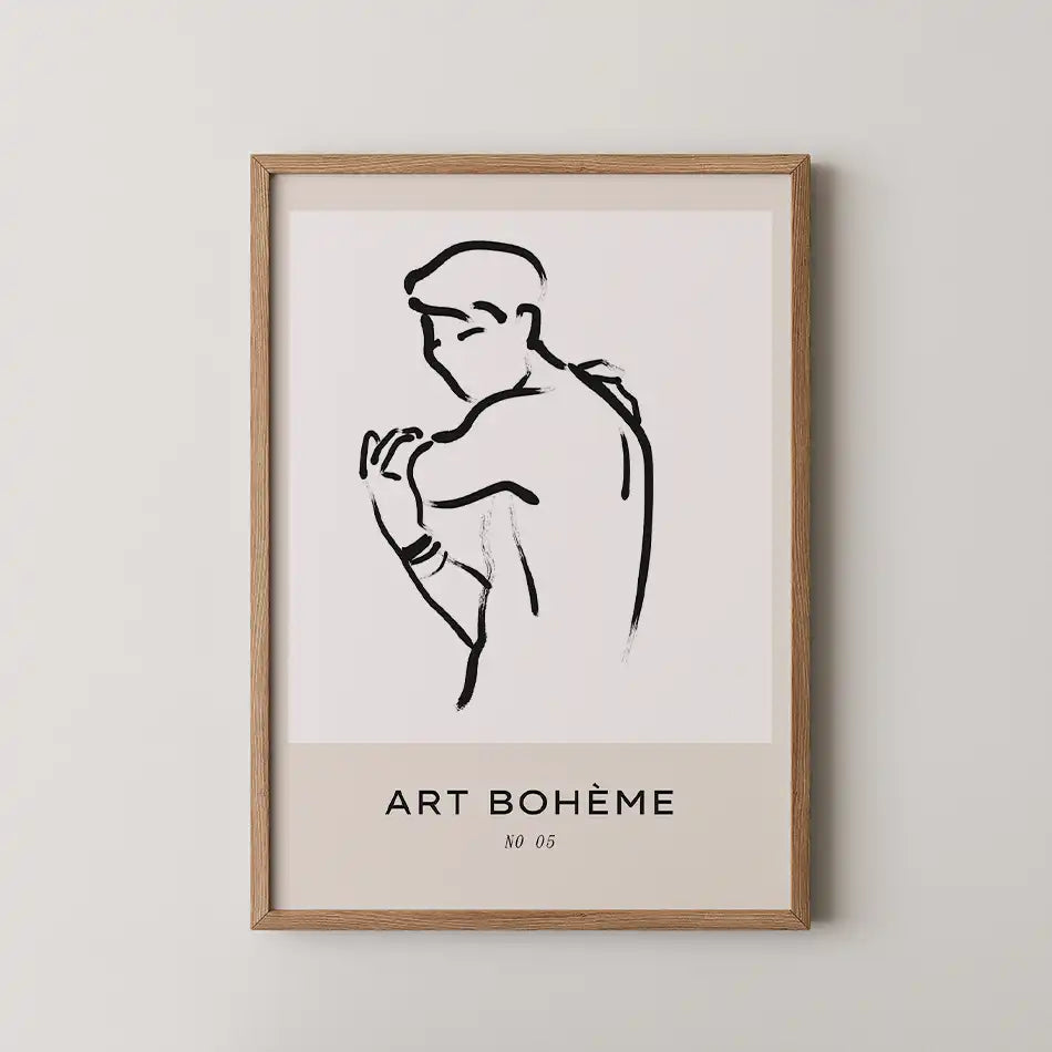 Minimalist line art print titled 'Minimalist Contemplation' from Bohemian Collection featuring a thoughtful figure, elegant black strokes on a clean background, framed with beige accent and typography ART BOHÈME"
