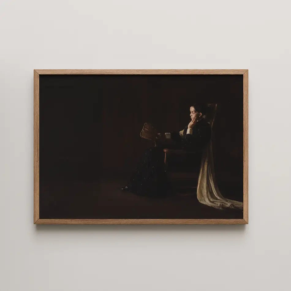Framed painting of a woman in a dark dress sitting in a chair, holding a fan, with soft lighting and a neutral background.