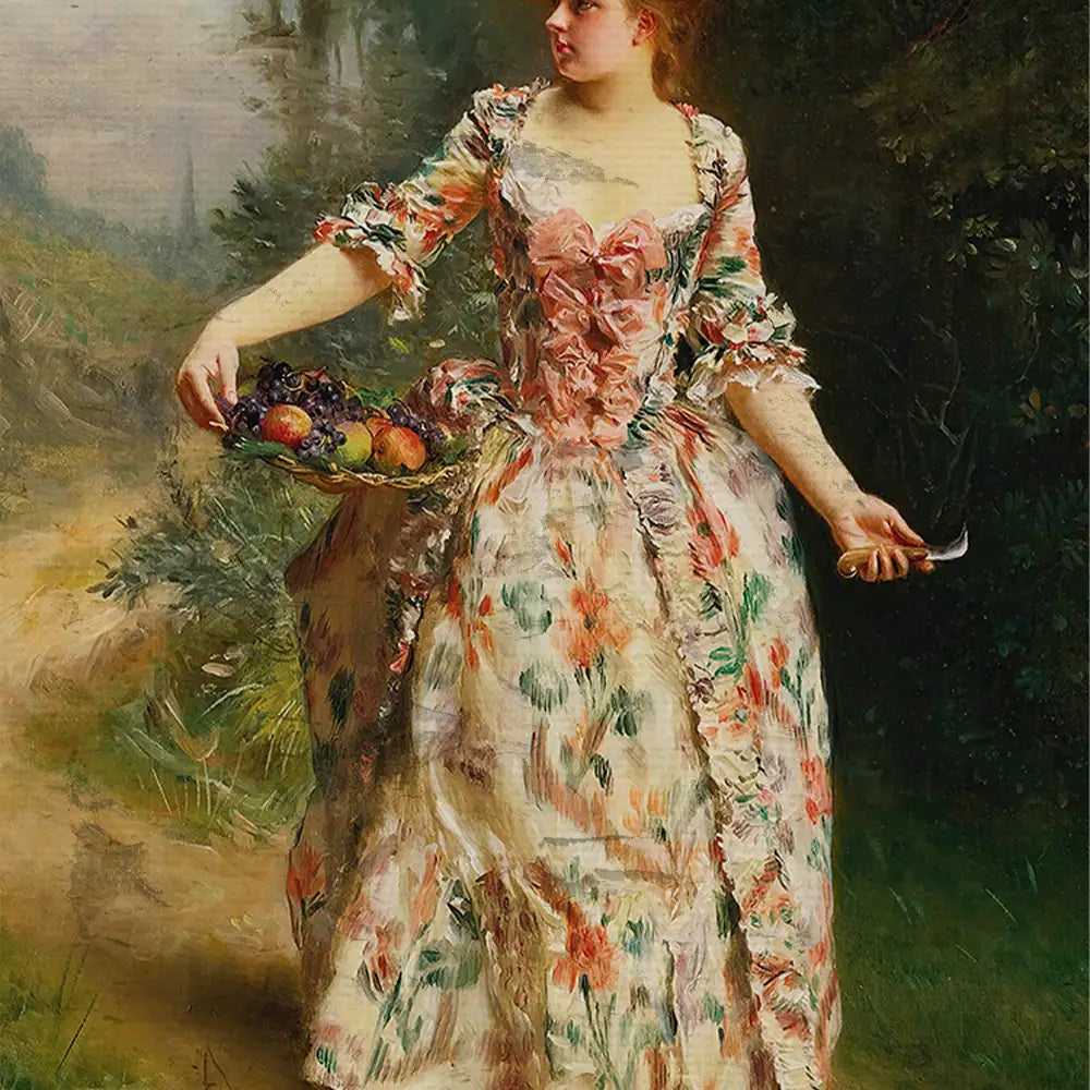 A woman in a floral dress holding a basket of fruit in a natural landscape, depicted in an expressive painting style.