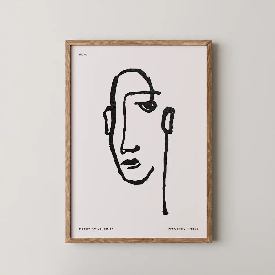 Stylized line drawing of a face in black on white background, framed artwork from the Modern Art Collection, perfect for minimalist decor"