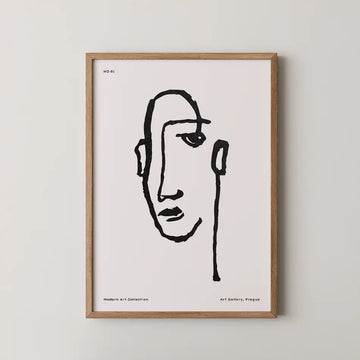 Stylized line drawing of a face in black on white background, framed artwork from the Modern Art Collection, perfect for minimalist decor"