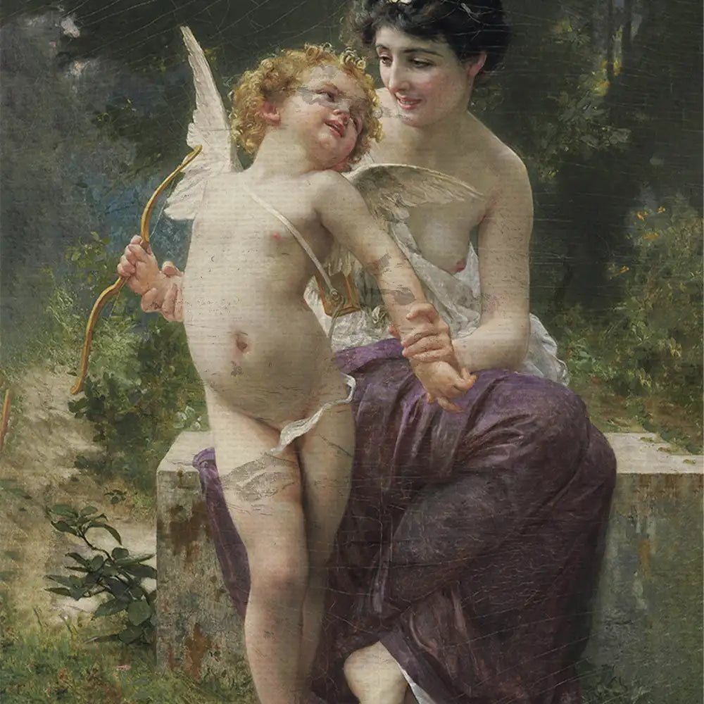 A classical painting of a mother and a cherubic child with wings, sitting in a garden, sharing a tender moment, with the child holding a bow and arrow.