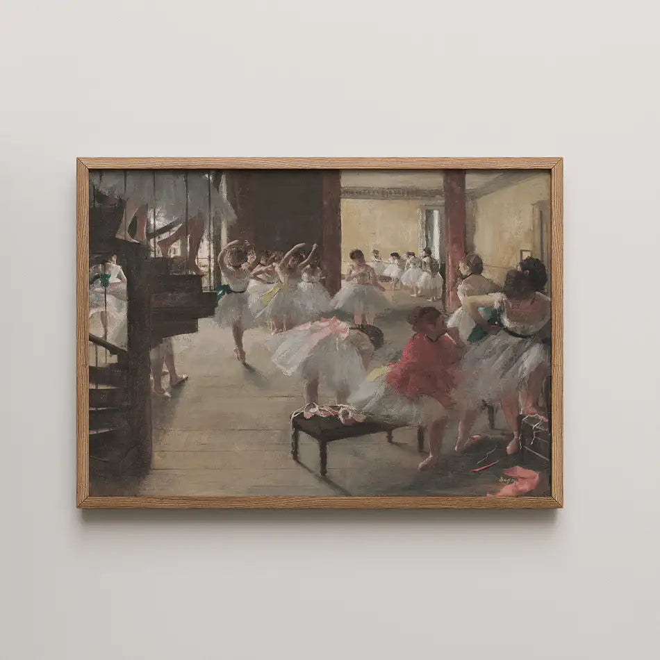 Painting of ballet dancers in a studio, featuring multiple dancers in tutus and a wooden frame.