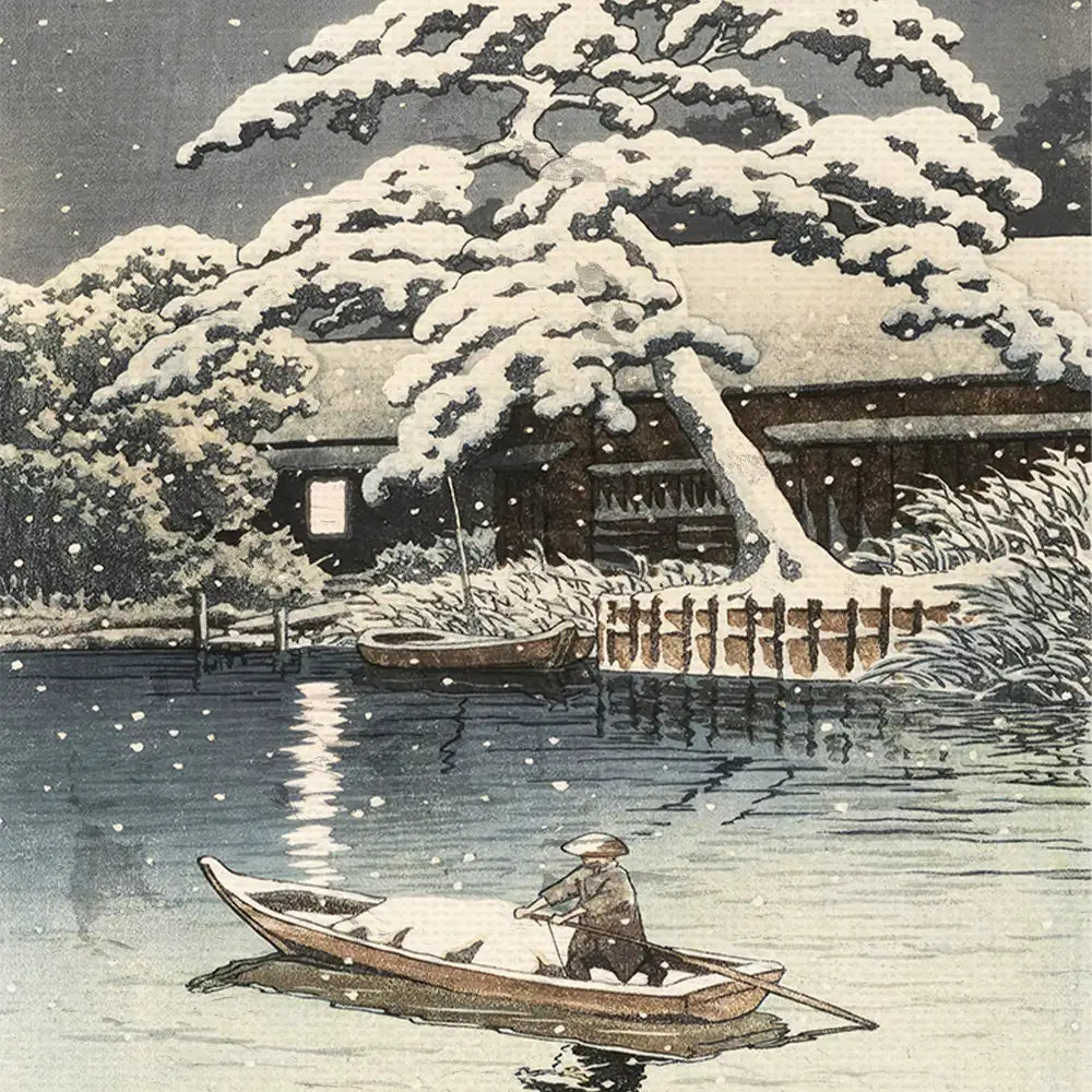 Snowy landscape painting featuring a man rowing a boat on a tranquil river with a snow-covered tree and traditional buildings in the background.
