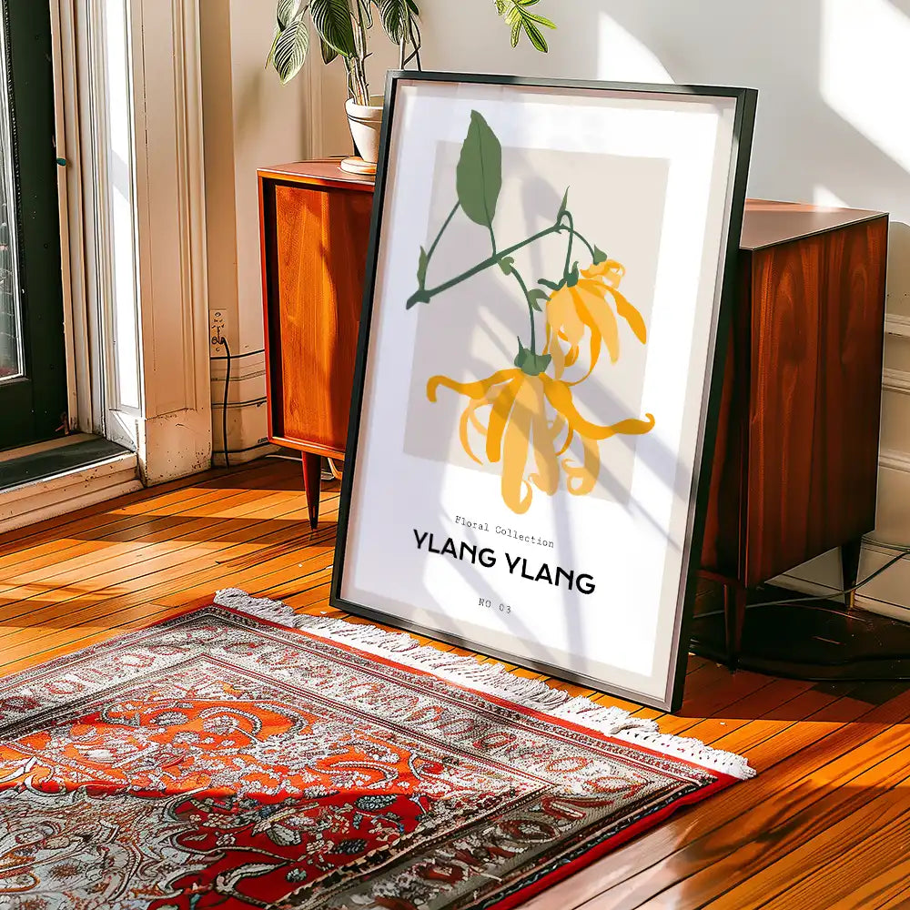 Modern floral poster featuring vibrant yellow Ylang Ylang flowers, elegantly framed and styled in a contemporary interior setting.